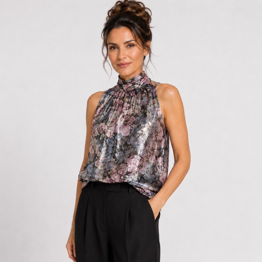 J.Crew Halter Top Metallic Floral Tie Neck Pink Purple Elegant Party Sleeveless